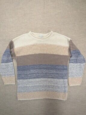 Vintage Rolled Neck Beachy Natural Coastal Grandma Blue Tan Cream Sweater Large